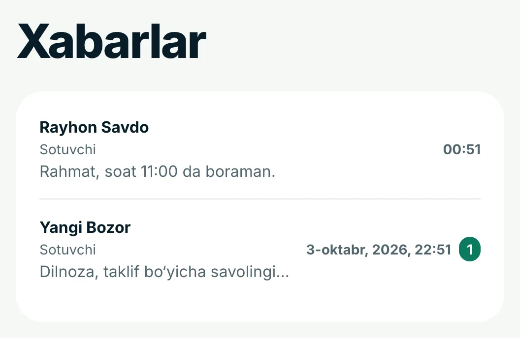Barcha yozishmalar — «Xabarlar» tugmasi ostida