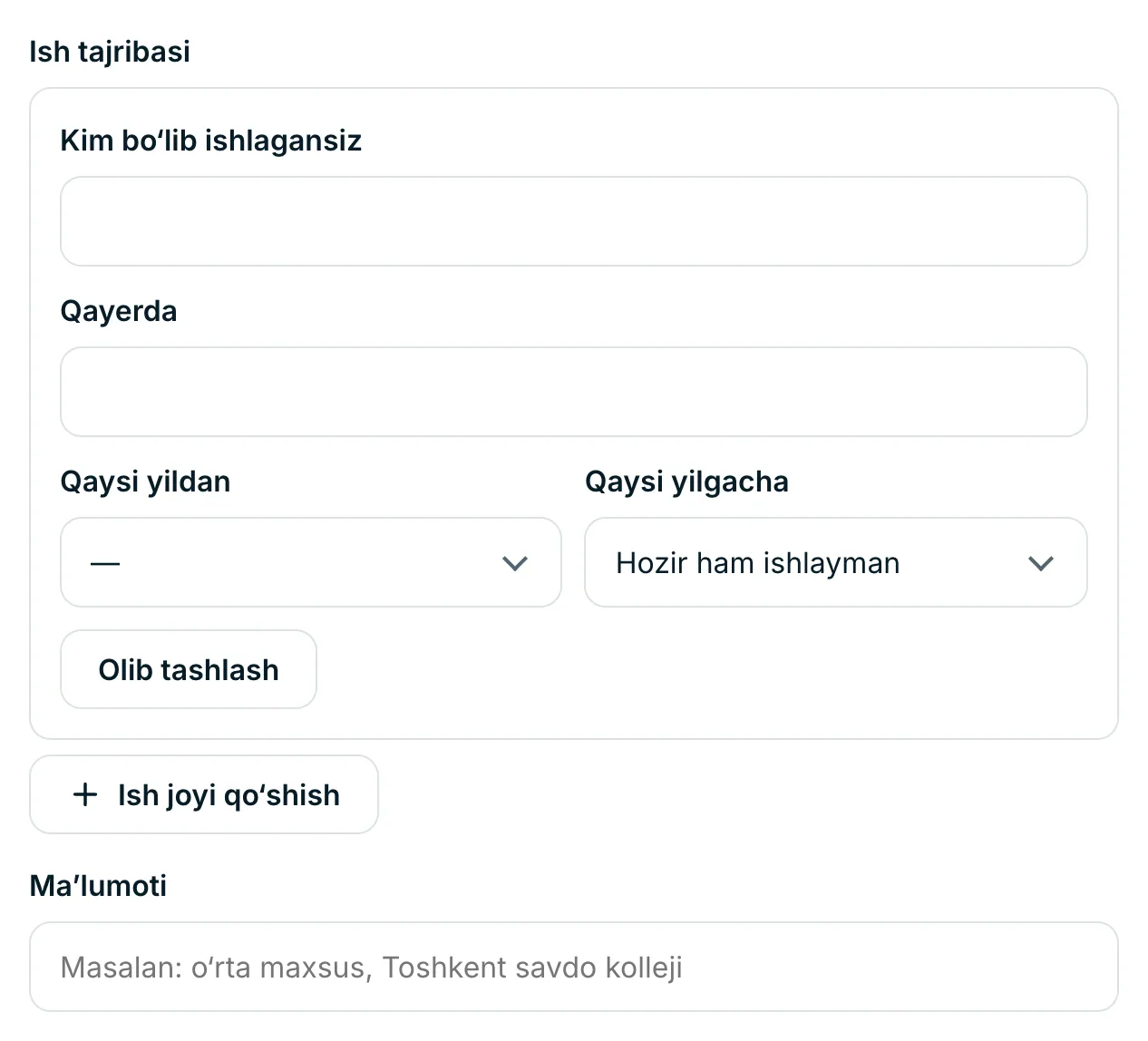 Ish tajribasi va ma’lumotingizni qo‘shing