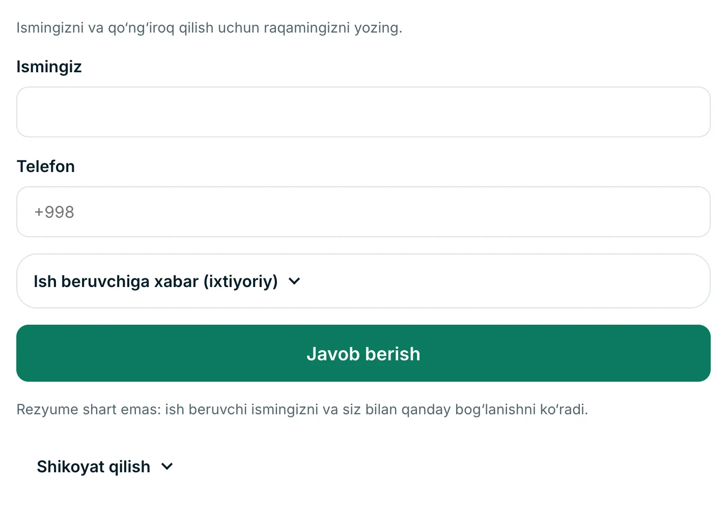 Rezyumesiz javob bering
